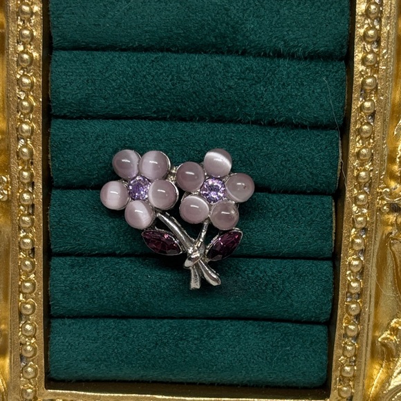 Vintage Rhinestone and Cat’s Eye Flower Brooch - Picture 2 of 5